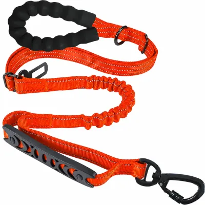 Orange heavy duty elastic dog leash with reflective stitching and padded handle