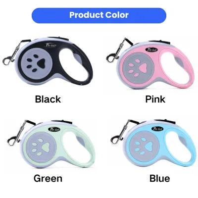 Retractable dog leash in black pink green and blue colors with ergonomic handle design
