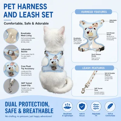 Breathable Anti-Escape Pet Harness and Leash Features Adjustable breathable mesh pet harness with anti-escape buckle and soft leash