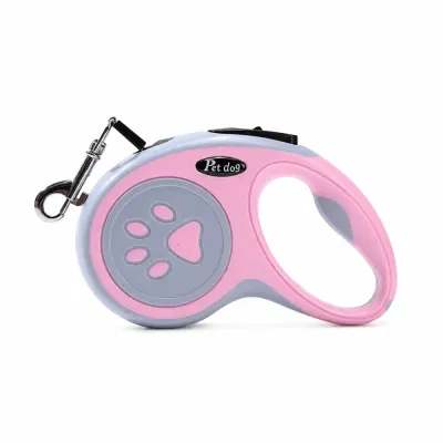 Pink retractable dog leash with paw print design and ergonomic anti-slip handle