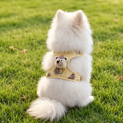 Yellow Cute Bear Pet Harness for Small Dogs Small fluffy dog wearing yellow breathable pet harness outdoors on grass