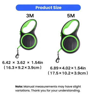 Size comparison of 3M and 5M retractable dog leash with ergonomic handle and compact design