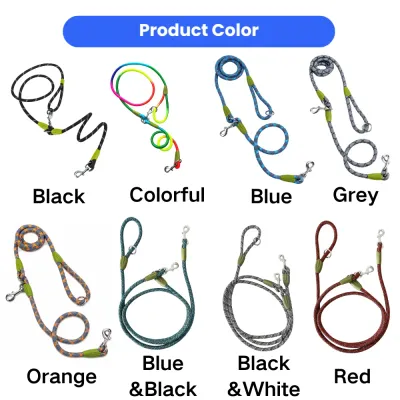 Adjustable Reflective Rope Dog Leash Multiple Colors Multi-color reflective rope dog leash collection with adjustable hands-free design