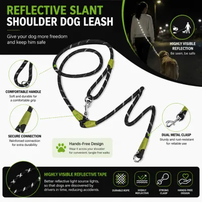 Reflective Hands-Free Shoulder Dog Leash with Dual Clips Reflective shoulder dog leash with strong metal clasp and durable rope construction
