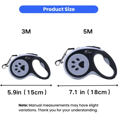 Retractable dog leash size comparison in 3 meter and 5 meter options for small and medium dogs