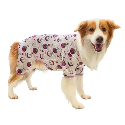 Purple Fruit Print Breathable Dog Pajamas Large dog wearing purple fruit print breathable summer dog clothes on white background