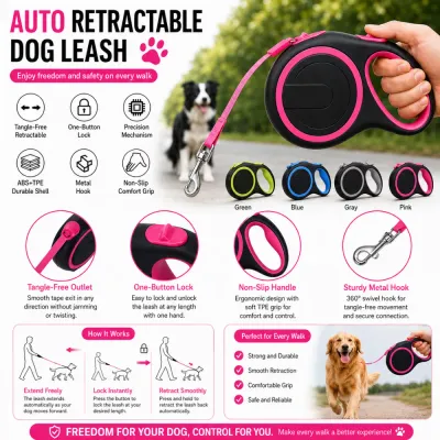 Automatic retractable dog leash featuring one button lock durable shell metal hook and anti-slip handle