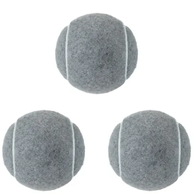 Three gray felt cat toy balls for indoor cats on white background