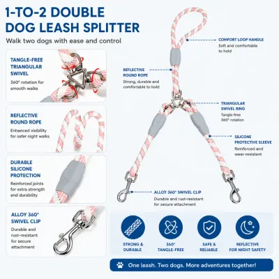 Reflective 1 to 2 Double Dog Leash Splitter Features Reflective double dog leash splitter with swivel ring and alloy clips