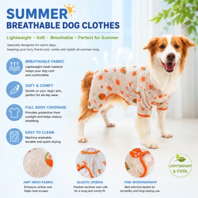 Summer Breathable Dog Clothes Lightweight Mesh Fabric Dog wearing breathable mesh summer pajamas with lightweight cooling fabric indoors