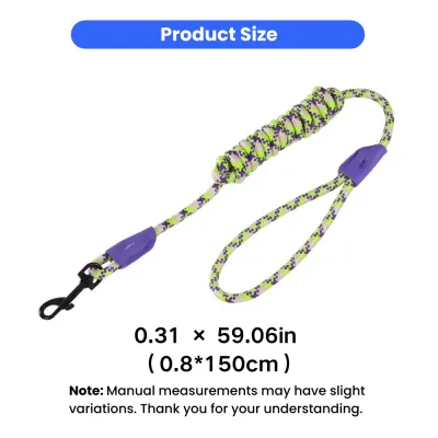 150cm Reflective Nylon Dog Leash Size Details Reflective nylon dog leash measuring 0.8cm x 150cm with soft handle and metal hook