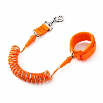Orange reflective anti-escape adjustable dog leash with elastic coil rope and padded wrist cuff