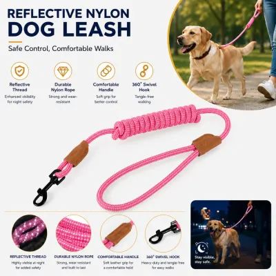Durable Reflective Nylon Dog Leash with Swivel Hook Reflective nylon dog leash featuring durable rope material comfortable handle and 360 swivel hook