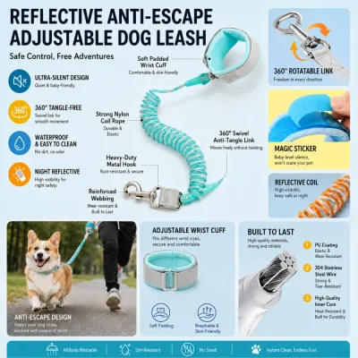 Reflective anti-escape dog leash with swivel hook padded wrist cuff and elastic coil rope