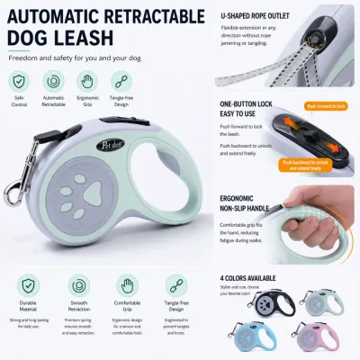 Automatic retractable dog leash featuring one-button brake lock ergonomic handle and tangle-free design