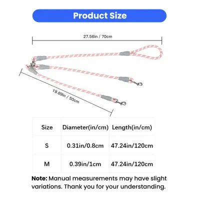 Double Dog Leash Splitter Size Chart Size chart of reflective dual dog leash splitter with dimensions and rope diameter