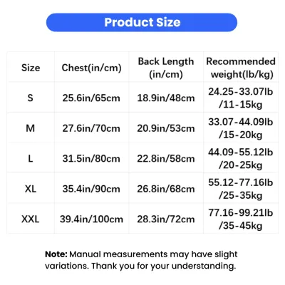 Breathable Dog Pajamas Size Chart for Large Dogs Size chart for breathable summer dog pajamas with chest, back length, and recommended weight guide