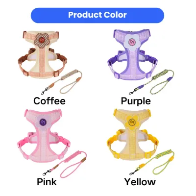 Plaid adjustable dog harness and leash set in coffee purple pink and yellow colors