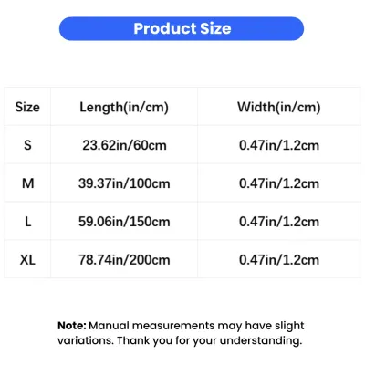 Size chart for tactical rope dog leash showing lengths and widths in inches and centimeters
