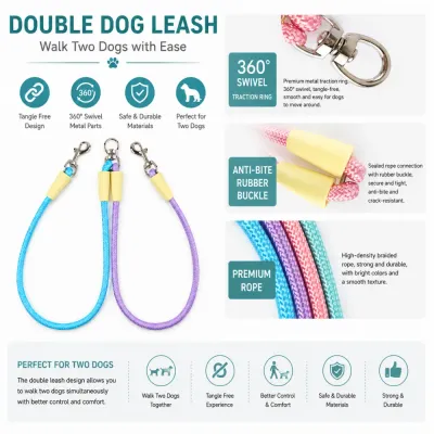 Durable Double Dog Leash Splitter Features Double dog leash splitter with 360 swivel ring anti-bite rubber buckle and braided rope design
