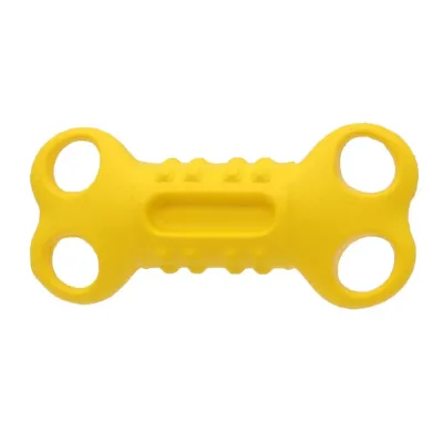 Yellow EVA bone dog chew toy with grip holes and textured bite-resistant design for dogs
