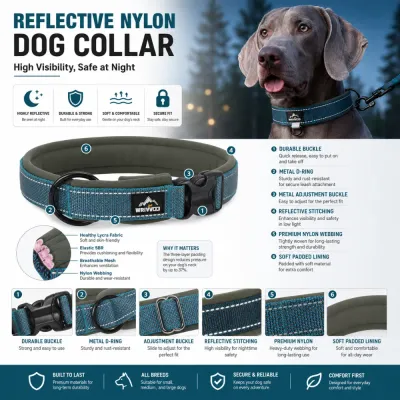 Reflective Nylon Dog Collar with Soft Padded Lining Reflective nylon dog collar featuring quick release buckle metal D ring padded lining and adjustable strap