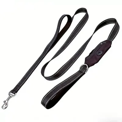 Black reflective dog leash with built-in poop bag dispenser holder and padded handle for daily dog walking
