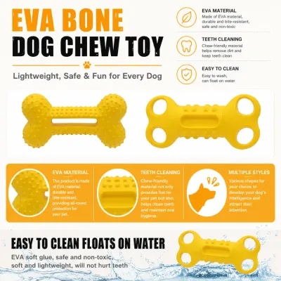 EVA bone dog chew toy infographic featuring teeth cleaning, floating, and durable material benefits