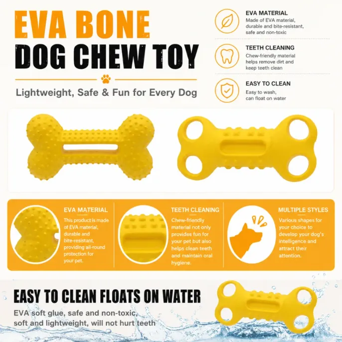 EVA Bone Dog Chew Toy Product Features EVA bone dog chew toy infographic featuring teeth cleaning, floating, and durable material benefits