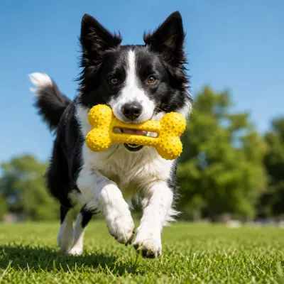 Border collie dog running outdoors carrying yellow EVA bone chew toy in mouth