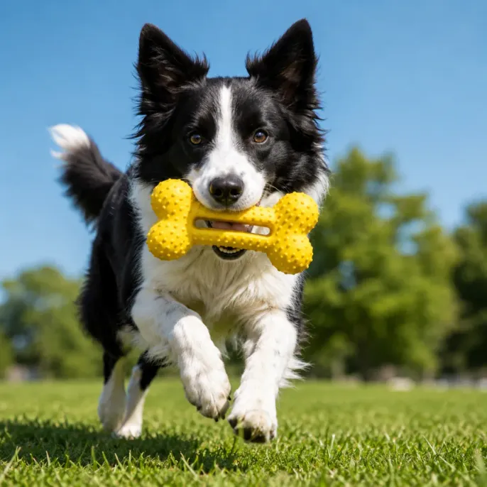 Border Collie Playing with EVA Bone Dog Toy Border collie dog running outdoors carrying yellow EVA bone chew toy in mouth
