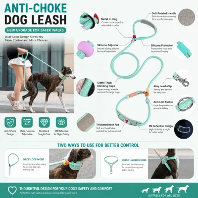 Reflective Anti-Choke Dog Leash Features Overview Reflective anti-choke dog leash with padded handle alloy clip silicone adjuster and climbing rope design