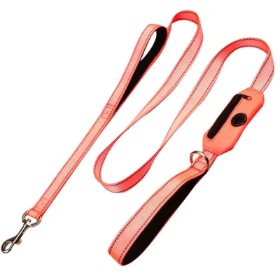Pink reflective dog leash with built-in poop bag dispenser and padded handle for small and medium dogs