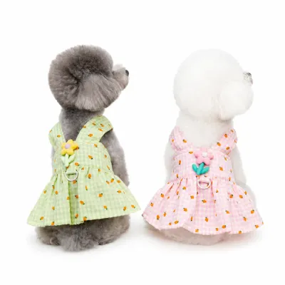 Floral Plaid Dog Dress with Leash Hole for Small Dogs Back view of floral plaid dog dress with leash hole for small dogs in green and pink colors