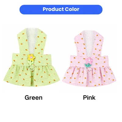 Lightweight Floral Dog Harness Dress in Green and Pink Green and pink floral plaid dog harness dresses with breathable mesh lining for puppies and small dogs