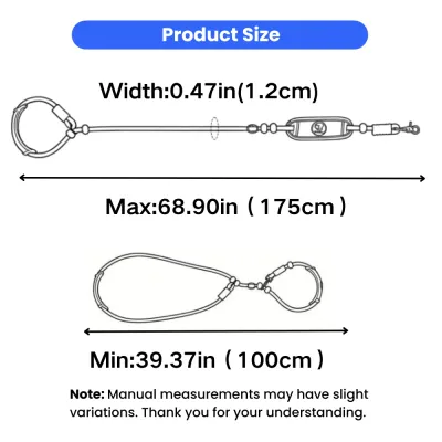 Adjustable Dog Slip Lead Leash Size Guide Adjustable anti-choke dog leash size chart showing width and adjustable length measurements