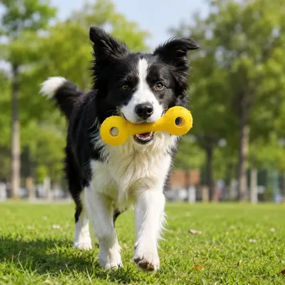 Border Collie carrying yellow EVA dumbbell dog toy in outdoor park scene