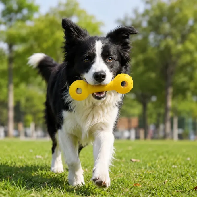 Border Collie Playing with EVA Dumbbell Dog Toy Outdoors Border Collie carrying yellow EVA dumbbell dog toy in outdoor park scene