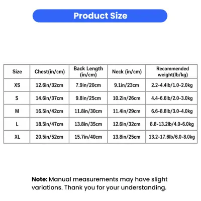 Small Dog Dress Size Chart XS-XL Size chart for floral dog dress including chest, neck, back length and recommended weight