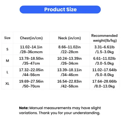 Dog harness size guide for small and medium dogs with chest neck and weight measurements
