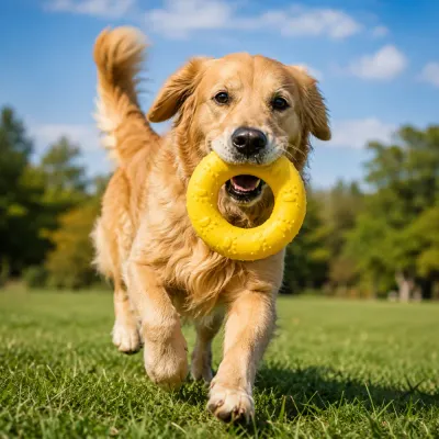 Golden Retriever Playing with EVA Ring Dog Toy Outdoors Golden retriever carrying yellow EVA dog toy ring while running outdoors on grass