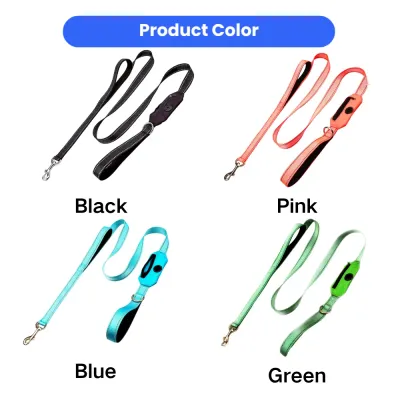 Reflective dog leash with poop bag holder available in black pink blue and green colors