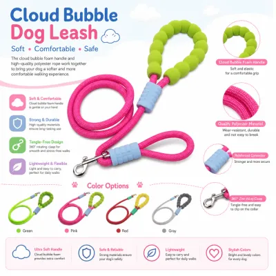 Lightweight cloud bubble foam dog leash with soft handle durable polyester rope and zinc alloy clasp