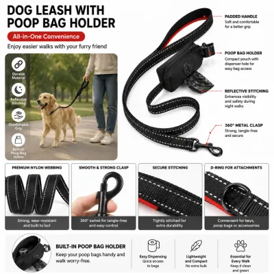 Reflective dog leash with built-in poop bag holder padded handle swivel clasp and durable nylon webbing