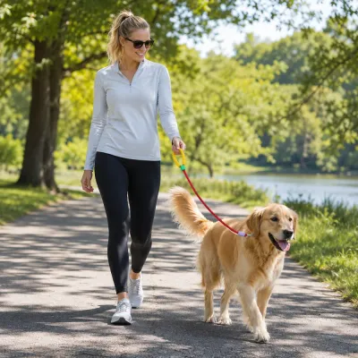 Woman walking golden retriever outdoors using colorful cloud bubble foam dog leash in park
