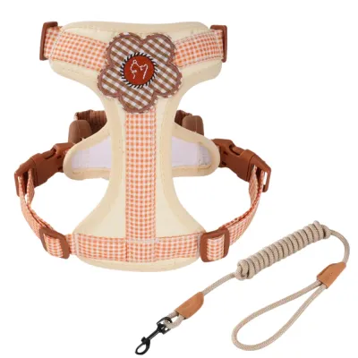Beige floral no pull dog harness with matching leash for small and medium dogs