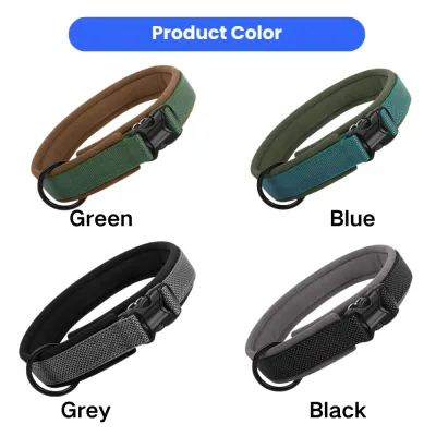 Adjustable Reflective Dog Collar Color Options Reflective nylon dog collar available in green blue grey and black colors with padded lining and metal D ring
