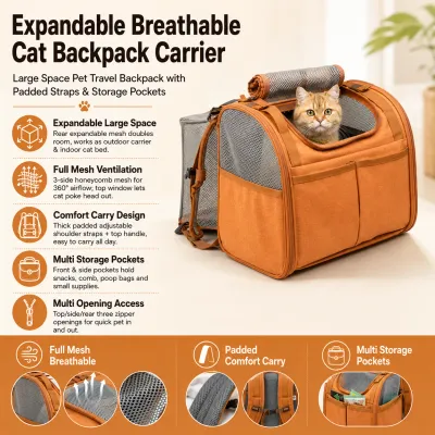 Expandable Breathable Cat Backpack Carrier with Large Space & Storage Pockets Expandable breathable cat backpack carrier with mesh ventilation, padded shoulder straps, storage pockets and large space design for pet travel
