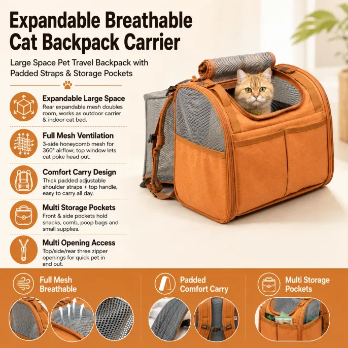 Expandable breathable cat backpack carrier with mesh ventilation, padded shoulder straps, storage pockets and large space design for pet travel