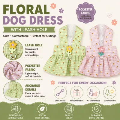 Breathable Floral Dog Dress with Leash Ring Floral dog dress with leash hole, breathable polyester fabric and lightweight design